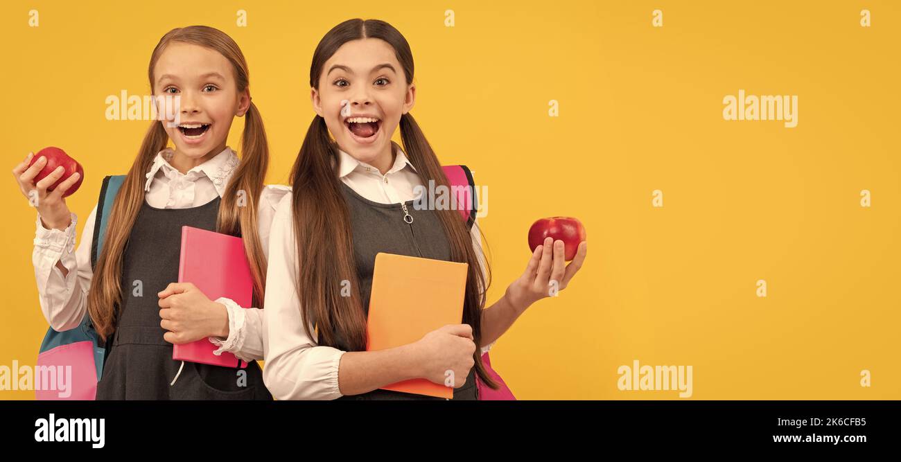 School girls friends. Happy kids in school uniforms hold books and apples for healthy eating school meal, snack. Banner of school girl student Stock Photo