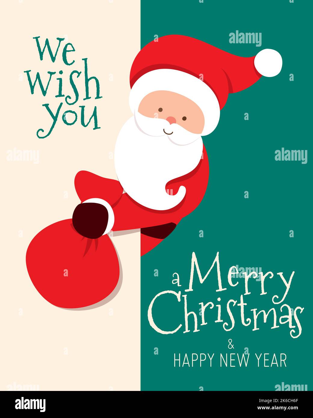 Merry Christmas card with Santa Claus peeking and holding presents bag ...