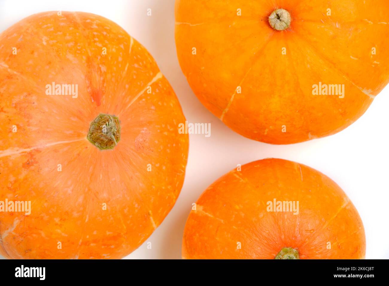 Three pumpkins white background, top view Stock Photo