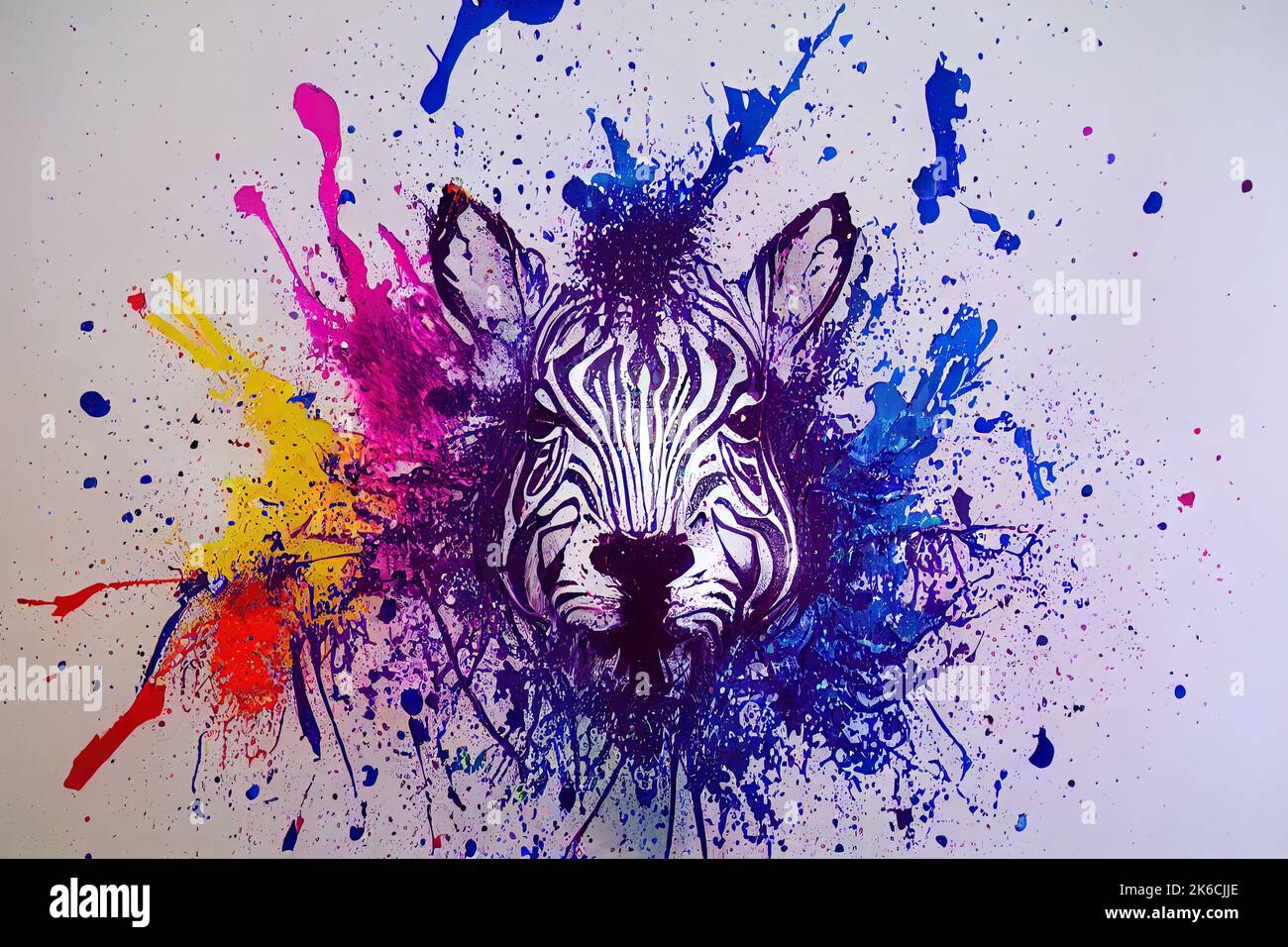 Illustration of colorful zebra in paint splashes. Majestic portrait