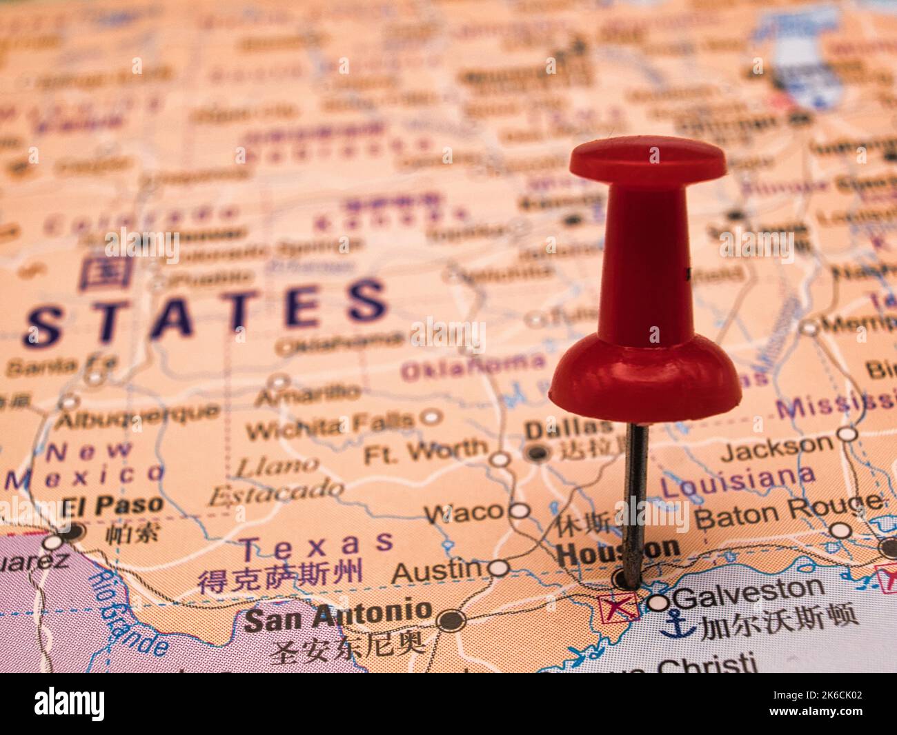 close up of Texas state map with houston is pinned Stock Photo