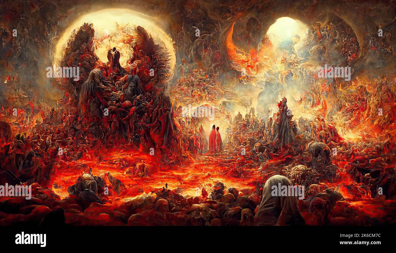 hellish large group of people surrounded by flames of hell is suffering their pains and atoning for their sins. Matte painting representation of hell Stock Photo
