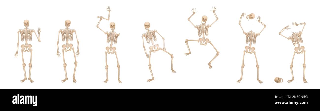 Skeleton - walking, jumping, greeting, scaring, waving, greeting, juggling with the head and being headless – set of creepy, spooky, frightening. Stock Photo