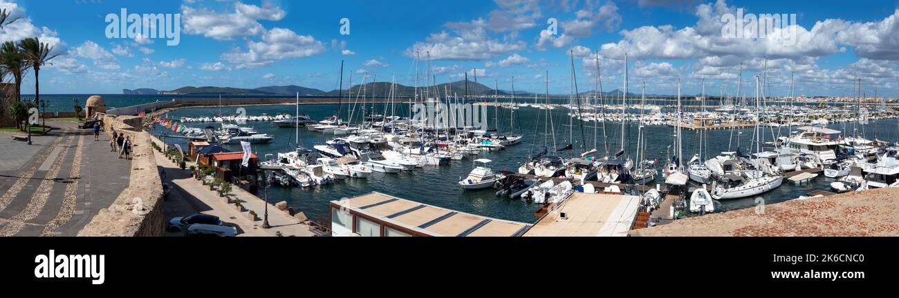 Panorama view of marina and old city walls at Alghero, north-west Sardinia, Italy Stock Photo