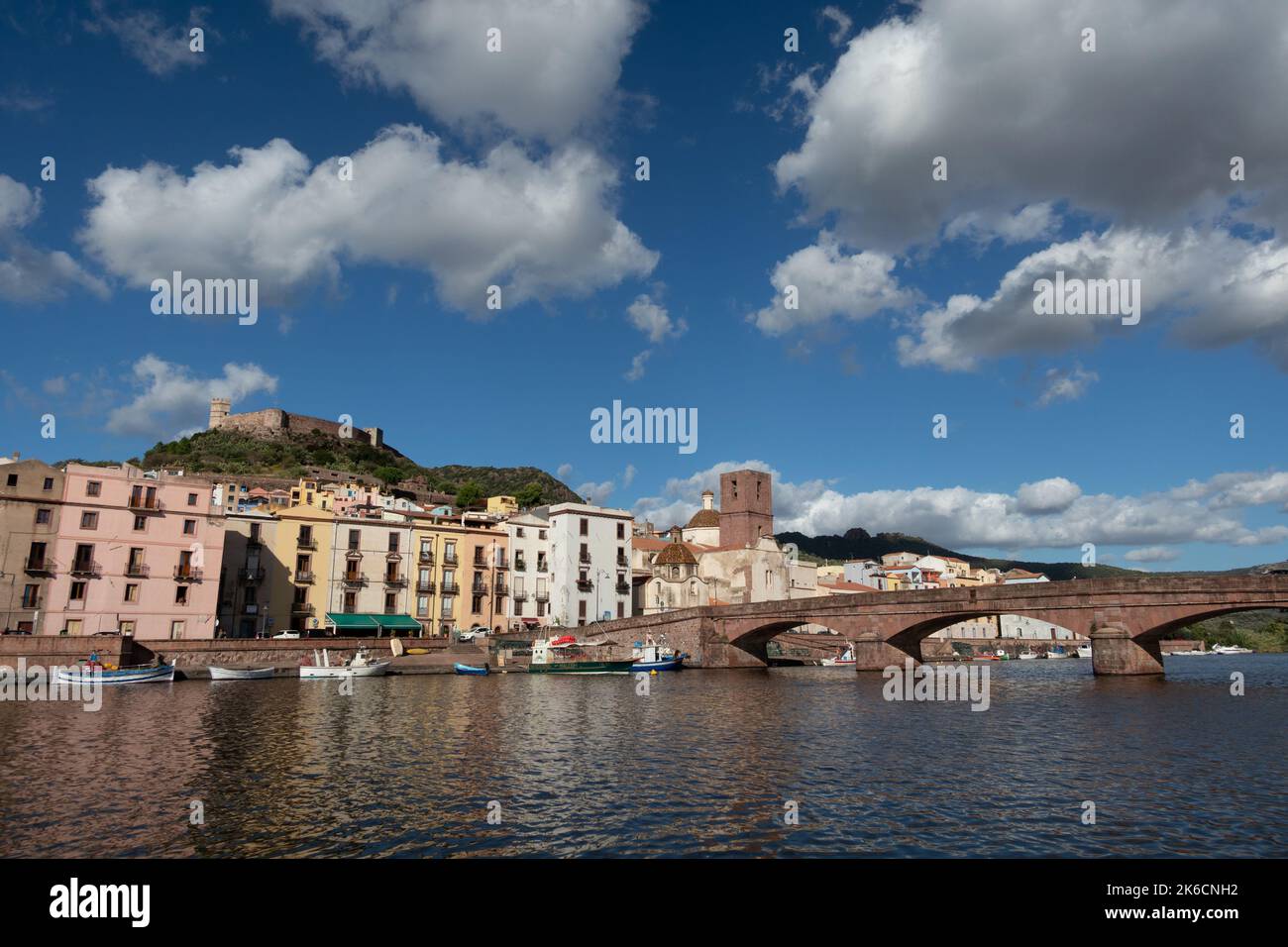 Riverside old colourful houses along the river Temo with Malaspina castle above at Bosa Sardinia Italy Stock Photo