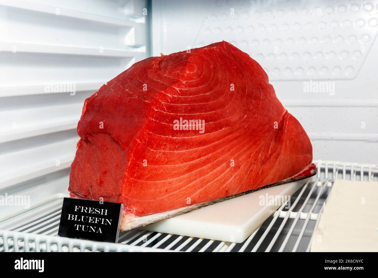 close-up shot of large chunk of fresh bluefin tuna in refrigerator Stock Photo
