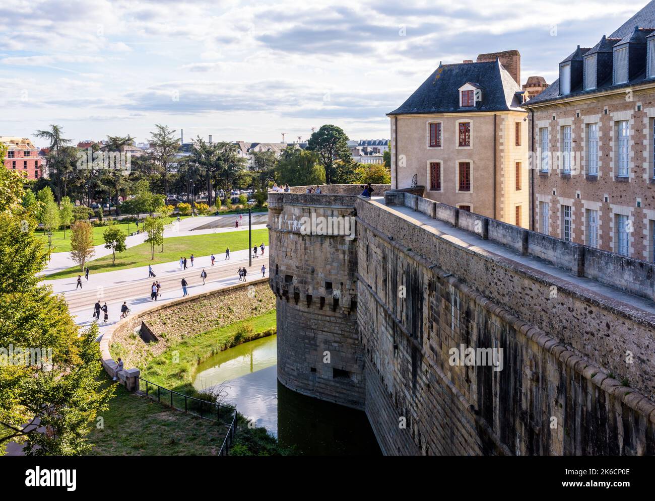 View over the ramparts and moat of the Château des ducs de Bretagne (Castle of the Dukes of Brittany) in Nantes, France. Stock Photo
