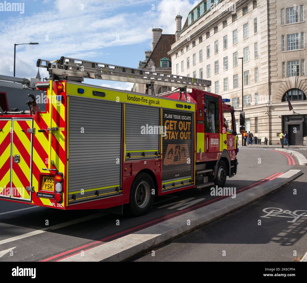 London Fire Brigade engines wait at Westminster Bridge as part of the Queens Lying in State moving ceremony. Stock Photo