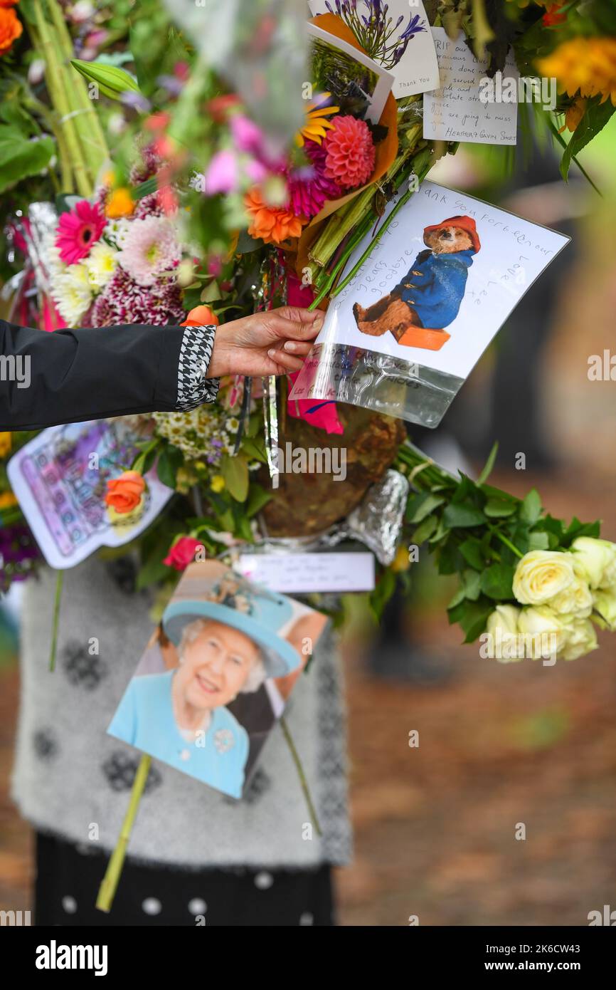 A picture of Paddington bear hangs next to a portrait of the queen amongst the floral tributes to The Late Queen in Green Park London Uk. Stock Photo