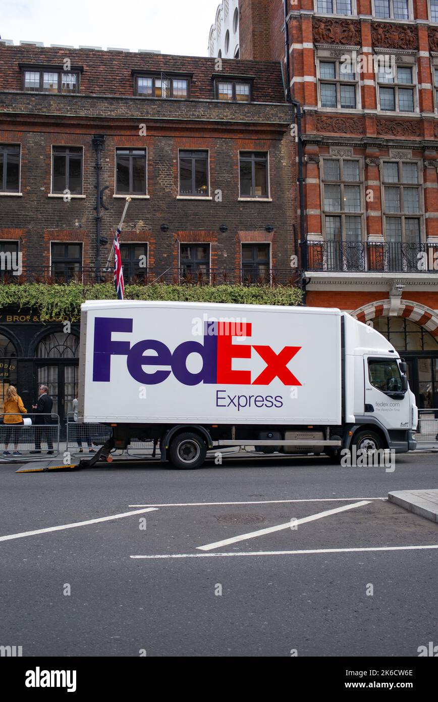 A FedEx express lorry unloads on St James Street London UK. Stock Photo