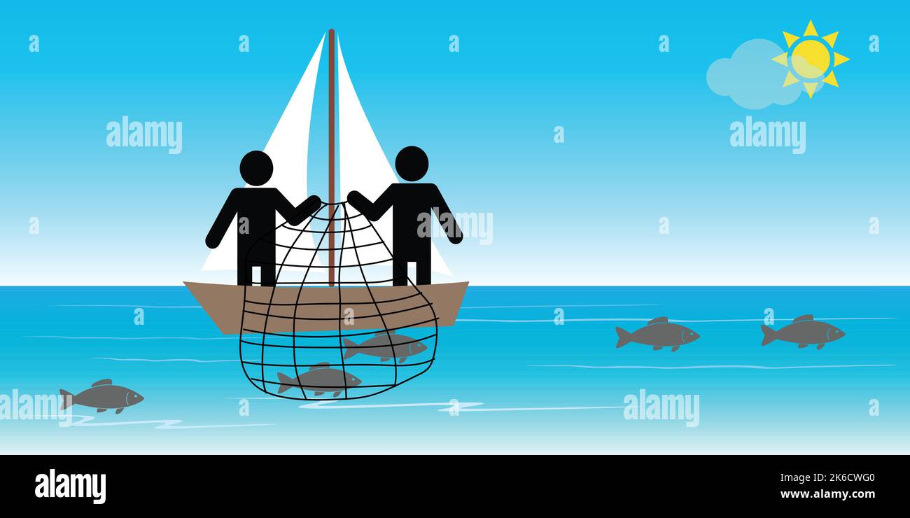 Fisherman in a boat with a fishing net Stock Vector Images - Alamy