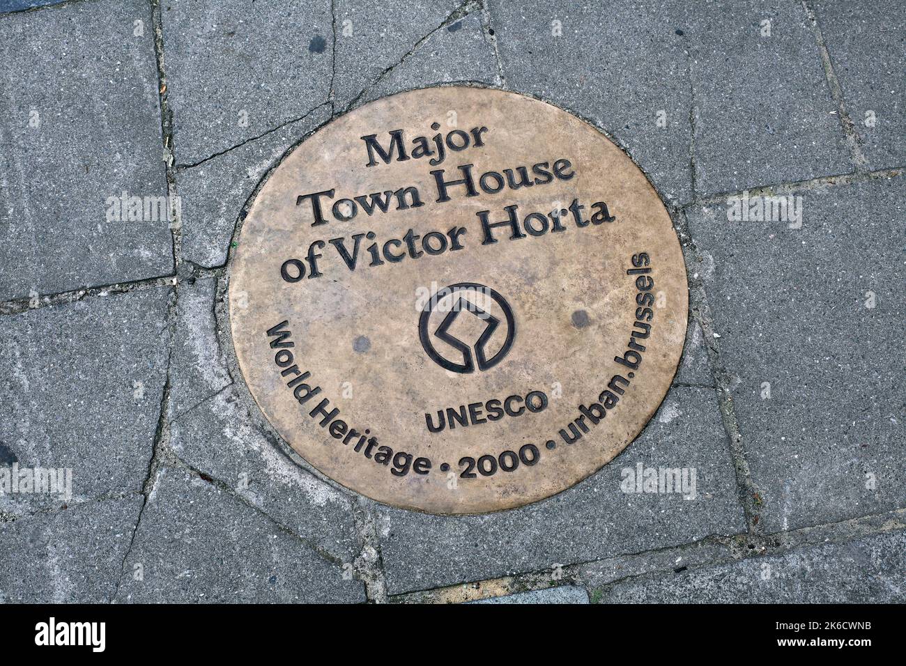 A sign in the pavement outside the Horta Museum, Brussels, the home and studio of architect Victor Horta, denoting its Unesco world heritage status. Stock Photo