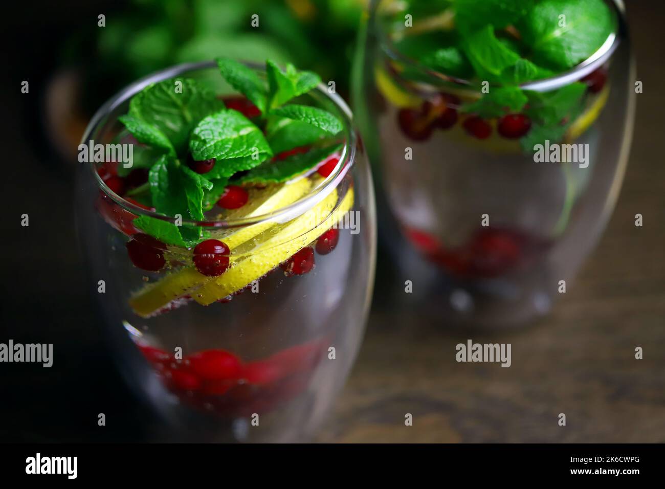 Detox drink with cranberries, mint and lemon in a glass on a dark background. Healthy beverage. Stock Photo