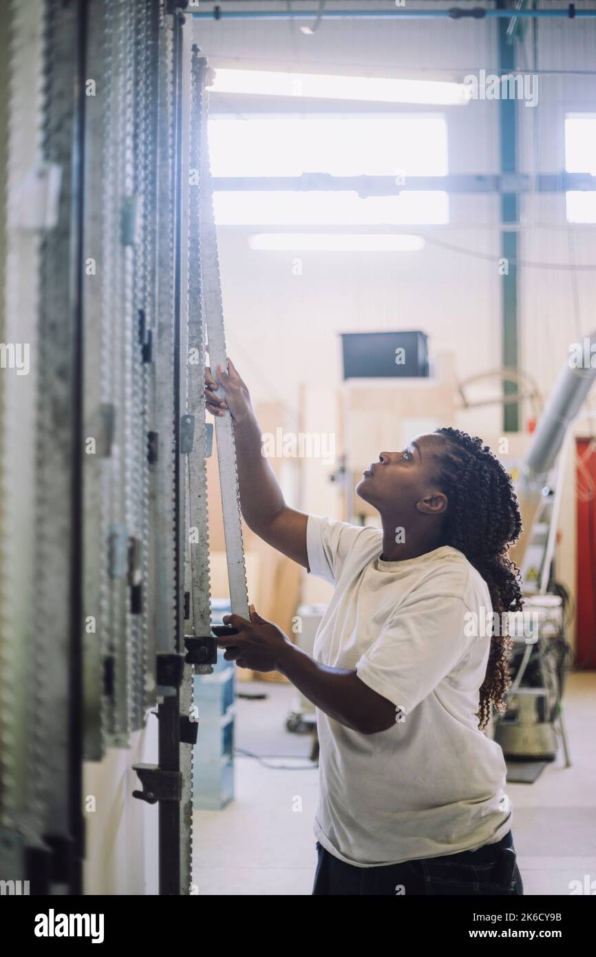 Female carpenter looking up while working in workshop Stock Photo