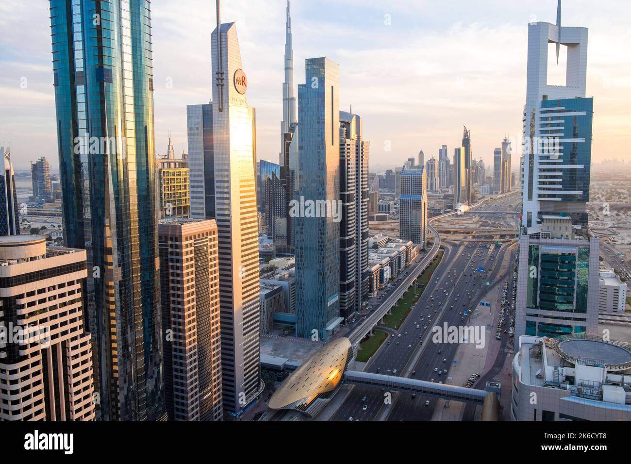 Elevated view over Downtown & Sheikh Zayed Road looking towards the Burj Kalifa, Dubai, United Arab Emirates Stock Photo