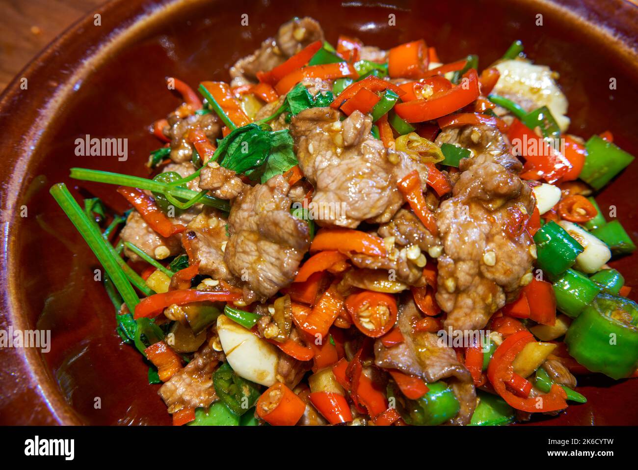 A delicious Guilin dish, fried yellow beef with fresh peppers Stock Photo