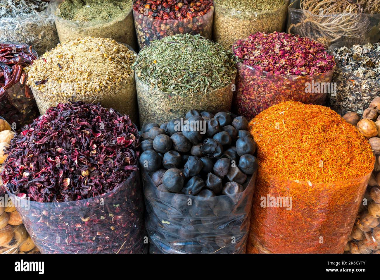 Bags of colorful spices at market in Dubai, United Arab Emirates Stock Photo