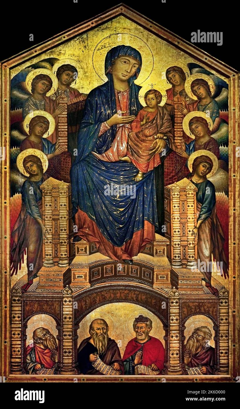 Cimabue, Maestà or Santa Trinita Madonna and Child Enthroned with Angels and Prophets,  1280-90, tempera on panel, 385 x 223 cm (Galleria degli Uffizi, Florence) Italy Stock Photo