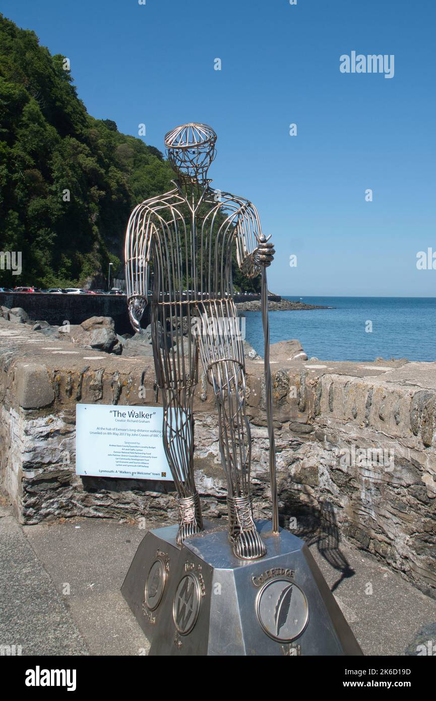 'The Walker' metal sculpture (created by Richard Graham) on the seafront at Lynmouth, North Devon Stock Photo