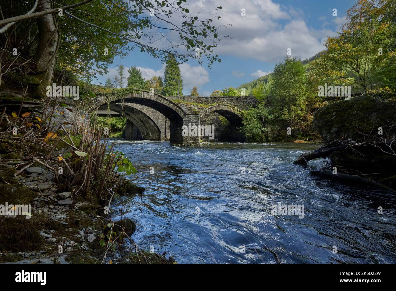 Packhorse Bridge over river Dify Dinas. Mawddwy Machynlleth Powys Wales UK Stock Photo