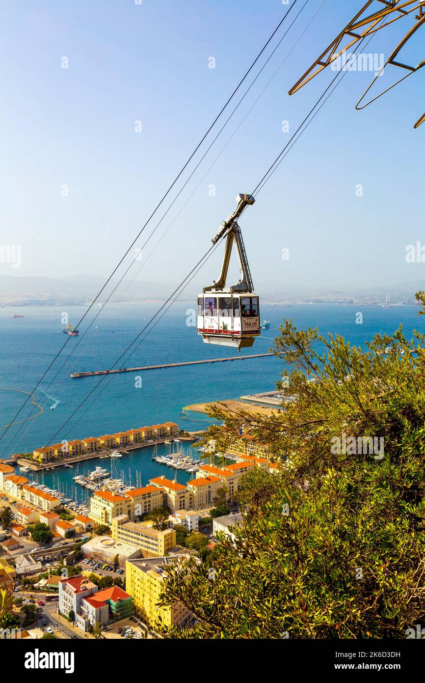 Gibraltar Cable Car with view of the Bay of Gibraltar and port in
