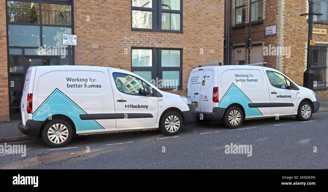 Hackney Council vans, working for better homes, East London, UK Stock Photo