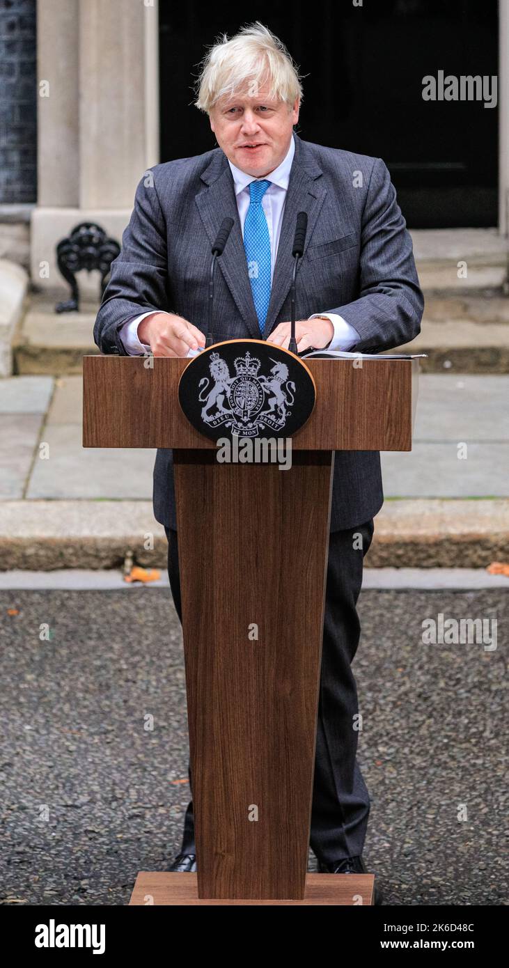 Boris Johnson, British Prime Minister, delivers a farewell speech outside 10 Downing Street, United Kingdom Stock Photo