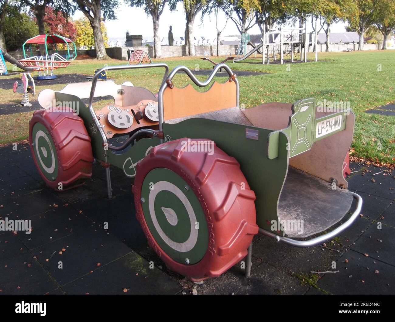 Children's play equipment in the shape of an American jeep in Echt , Aberdeenshire Stock Photo