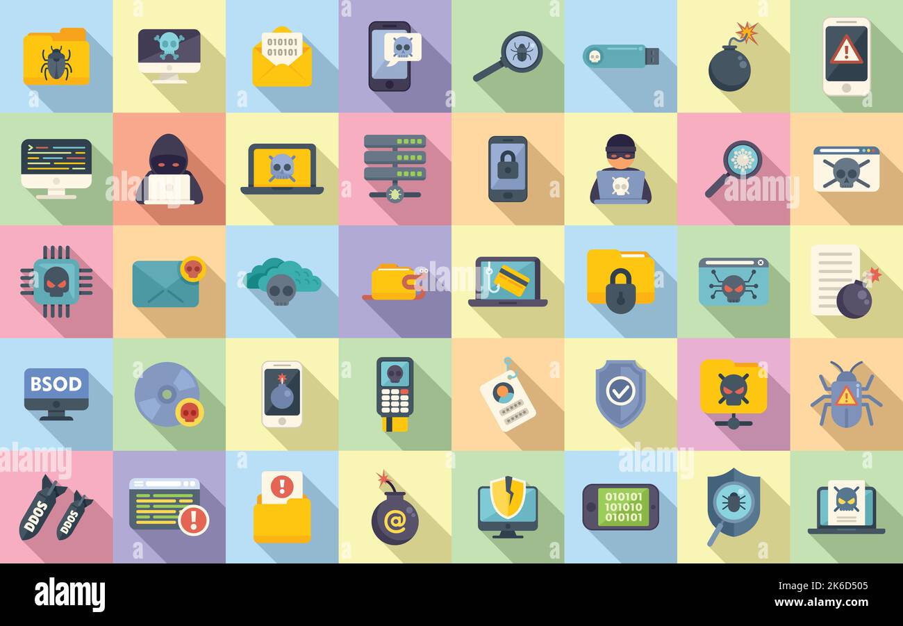 Malware icons set flat vector. Cyber attack. Risk secure Stock Vector