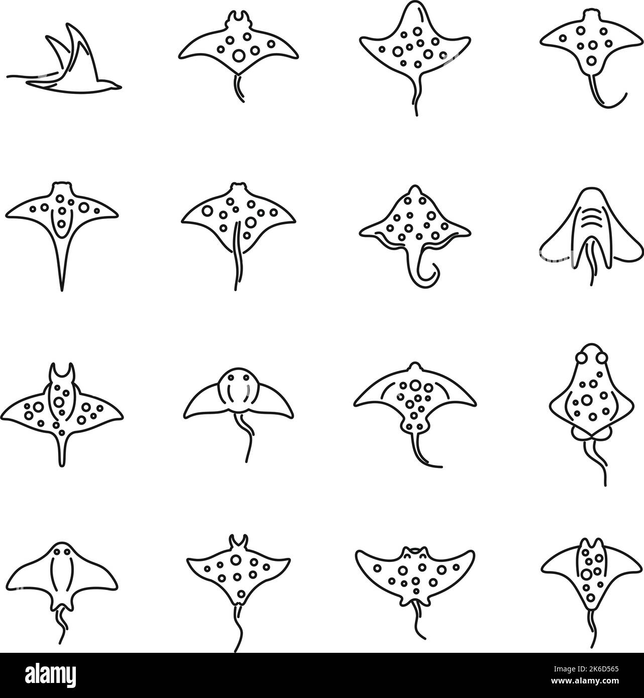 Stingray icons set outline vector. Ocean fish. Marine life Stock Vector