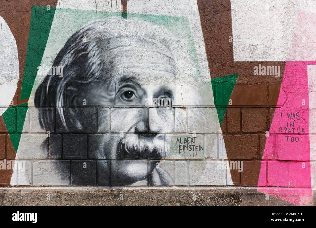 OPATIJA, Croatia - August 2, 2022: Albert Einstein mural in Angiolina park, one of the portraits of famous people by artist Anja Ferencic Stock Photo