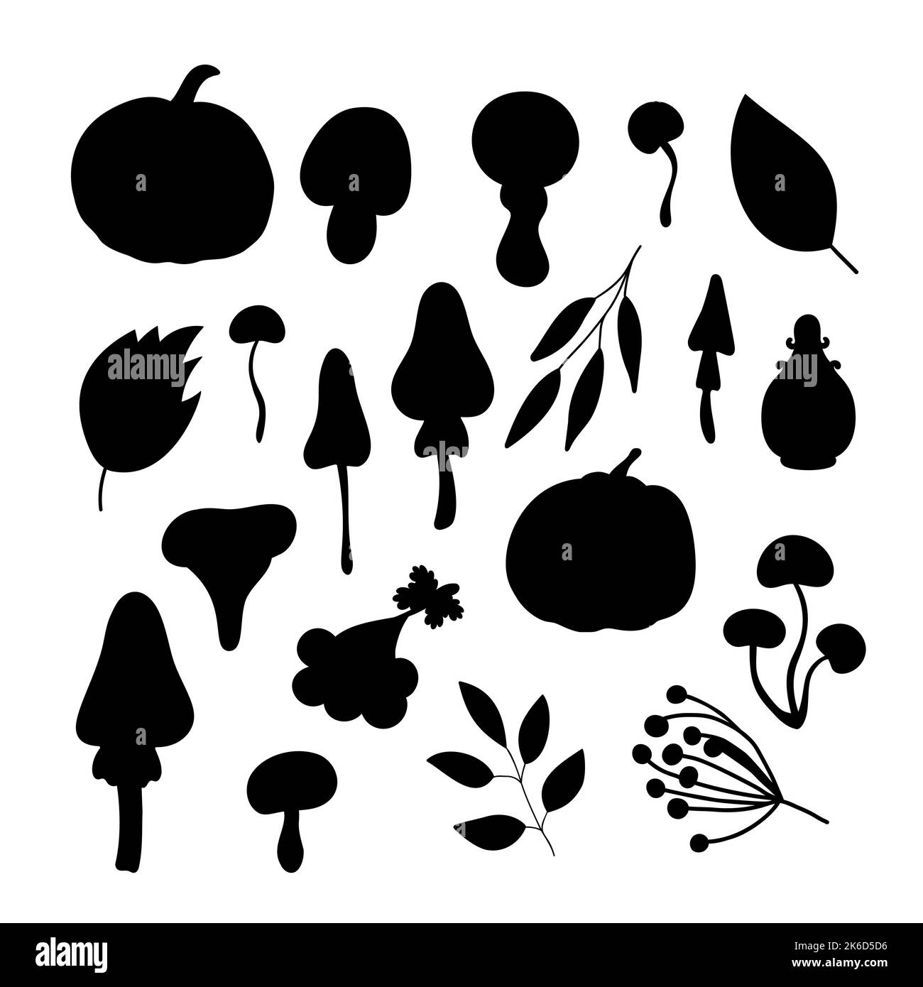 Autumn plants leaves and berries set, hand drawn doodle celebration decor for seasonal, Thanksgiving, Halloween festive mood decoration and family gatherings, simple silhouette, minimalist concept Stock Vector