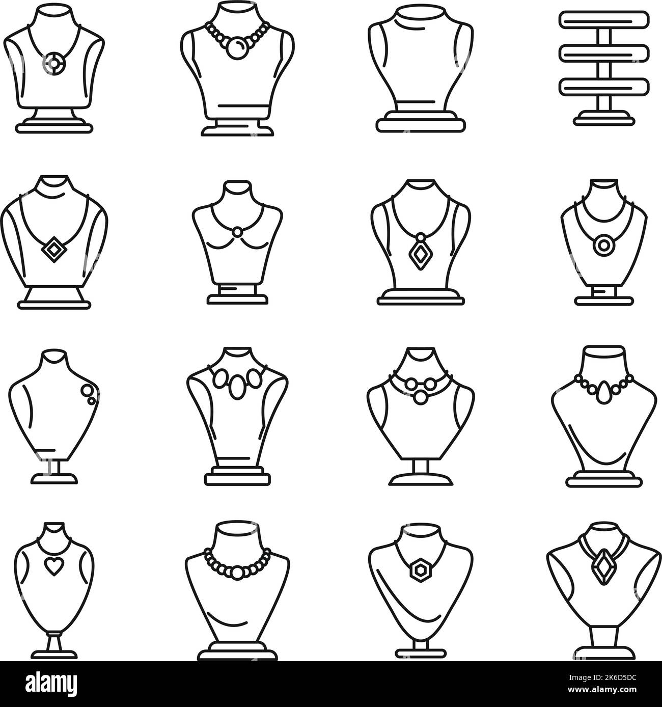 Jewelry dummy icons set outline vector. Bust chain. Diamond fashion Stock Vector