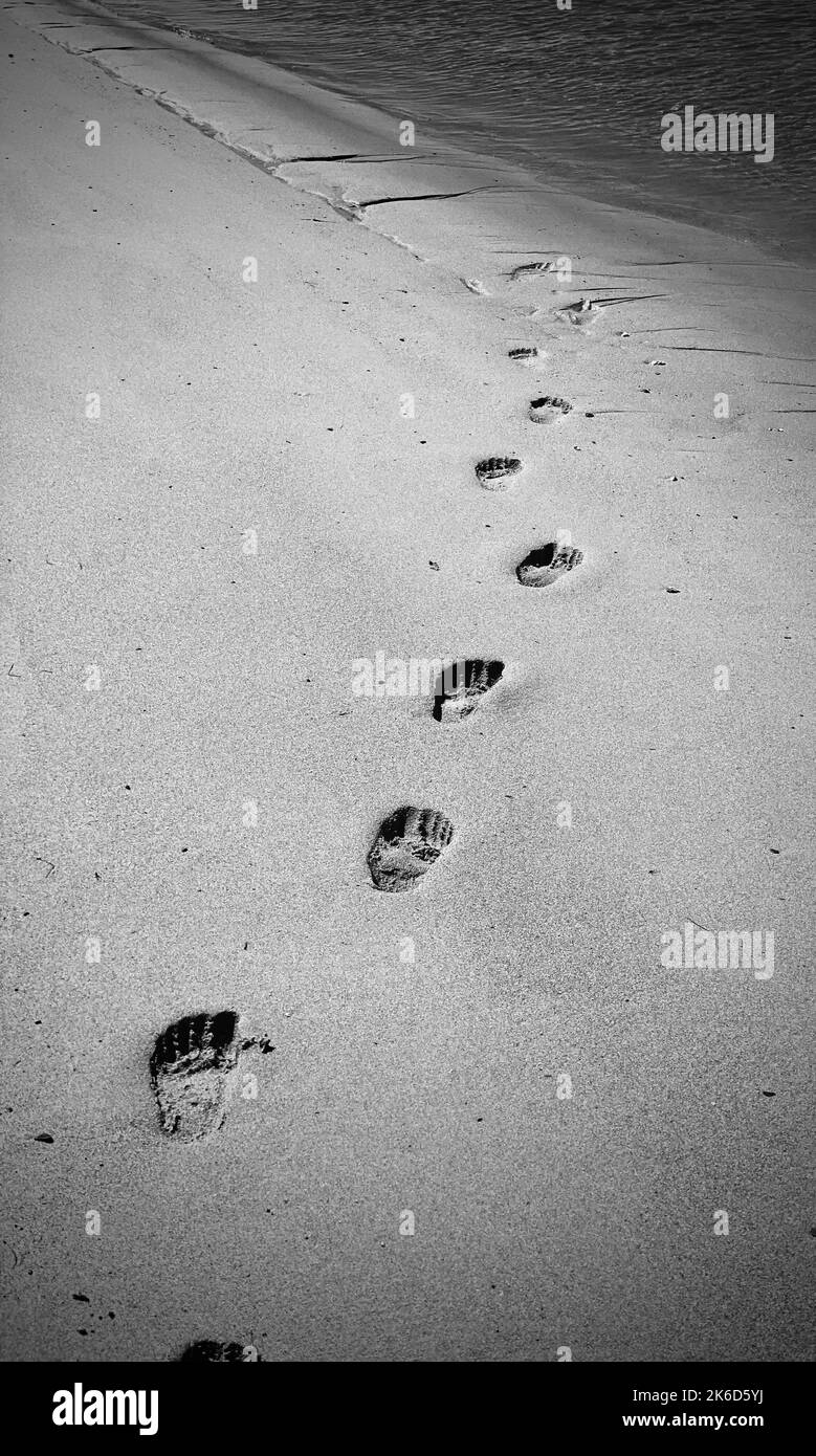 A grayscale of footsteps on a sandy beach Stock Photo