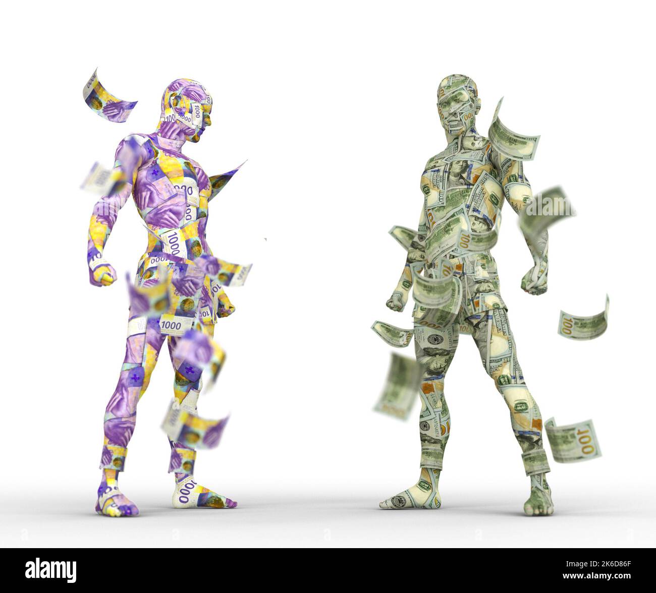 US Dollar vs Swiss franc, Forex trading, currency pairing, human characters made of money, currency fight, 3d rendering Stock Photo