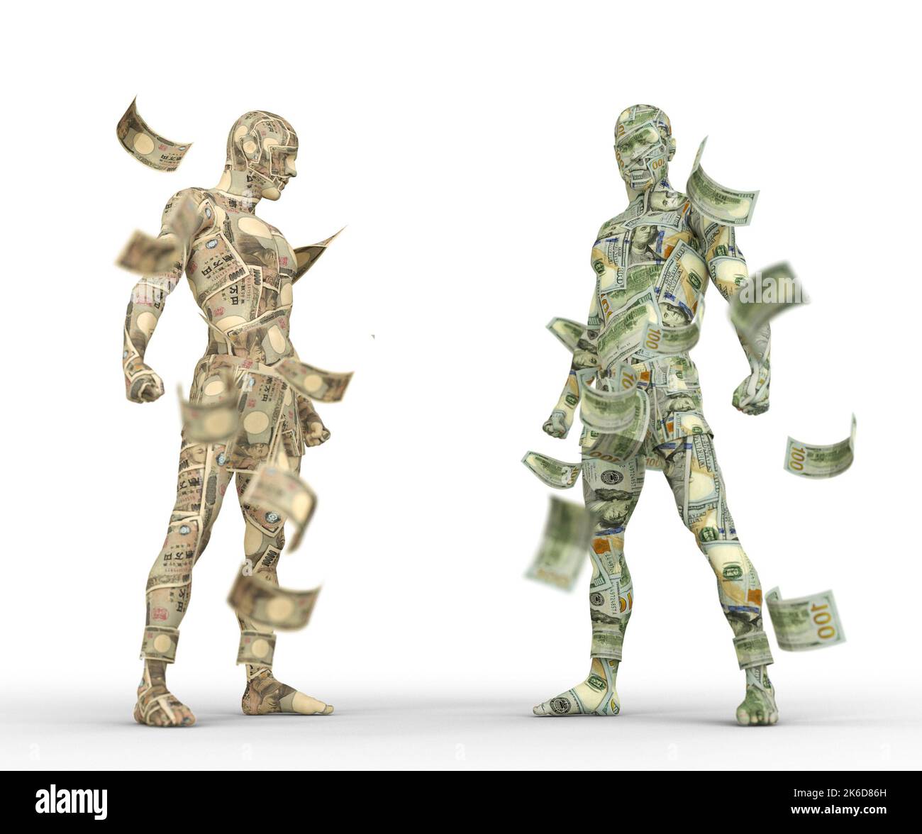 US Dollar vs Japanese yen, Forex trading, currency pairing, human characters made of money, 3d rendering Stock Photo