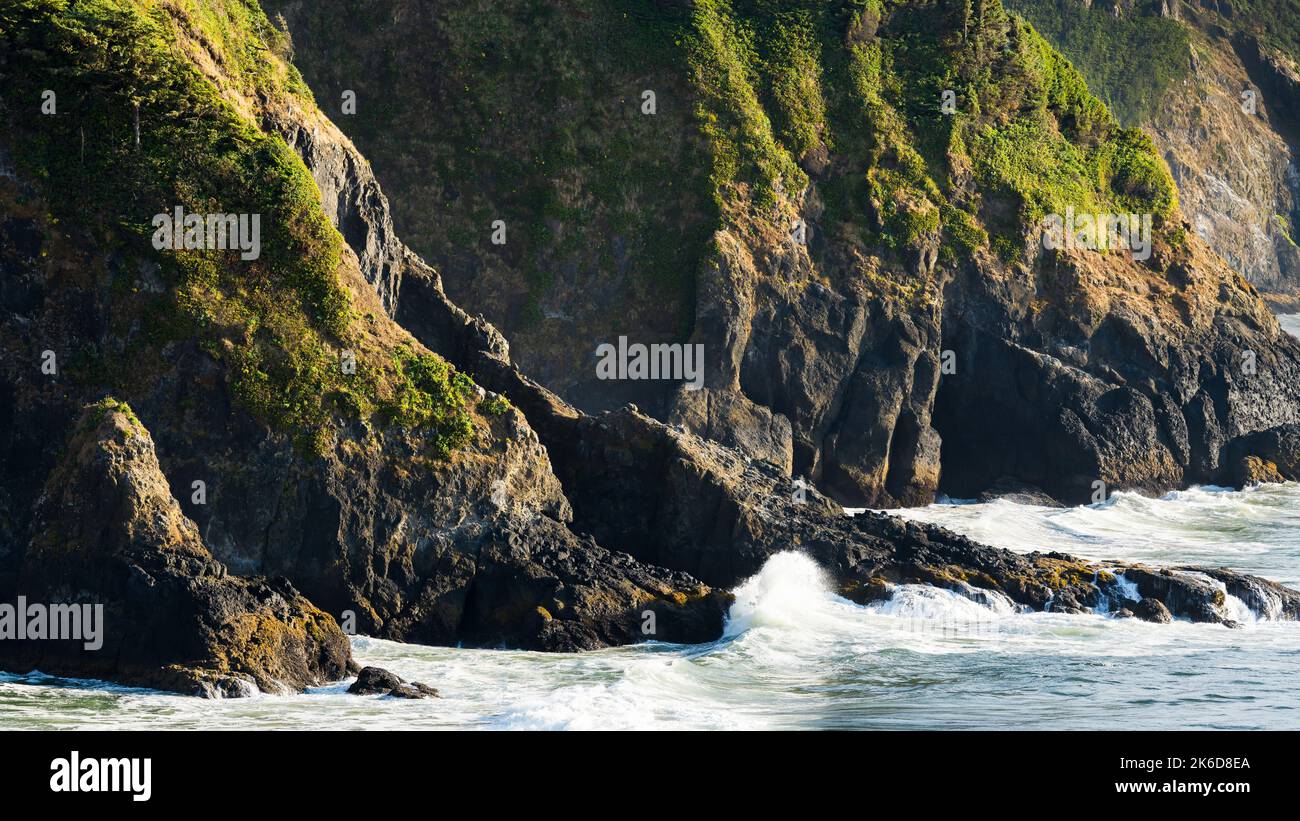 Rugged Oregon coastline reaching into the Pacific Ocean with green vegetation as waves meet the shore Stock Photo