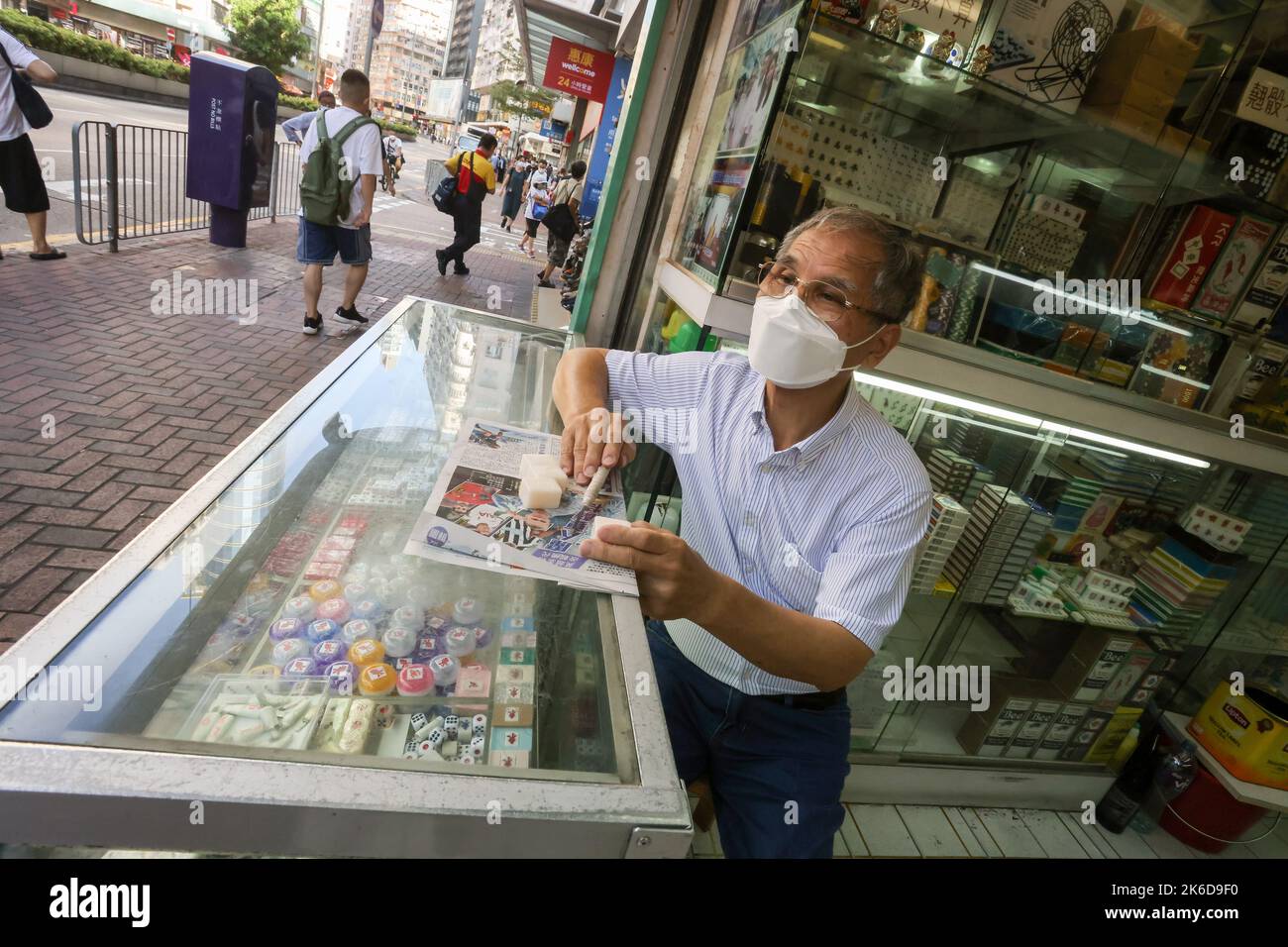 Cheung Shun-king, Mahjong tile artisan and owner of Biu Kee Mah-Jong, poses for a picture at Biu Kee Mah-Jong in Jordan. The old mahjong tile shop is forced to close at the end of October as it is evicted by the Buildings Department.  06OCT22   SCMP / Jonathan Wong Stock Photo