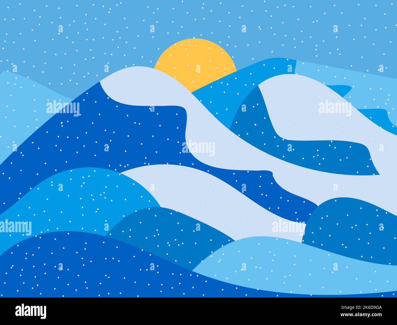 Winter landscape with snowy hills and sun. Mountain landscape in flat ...