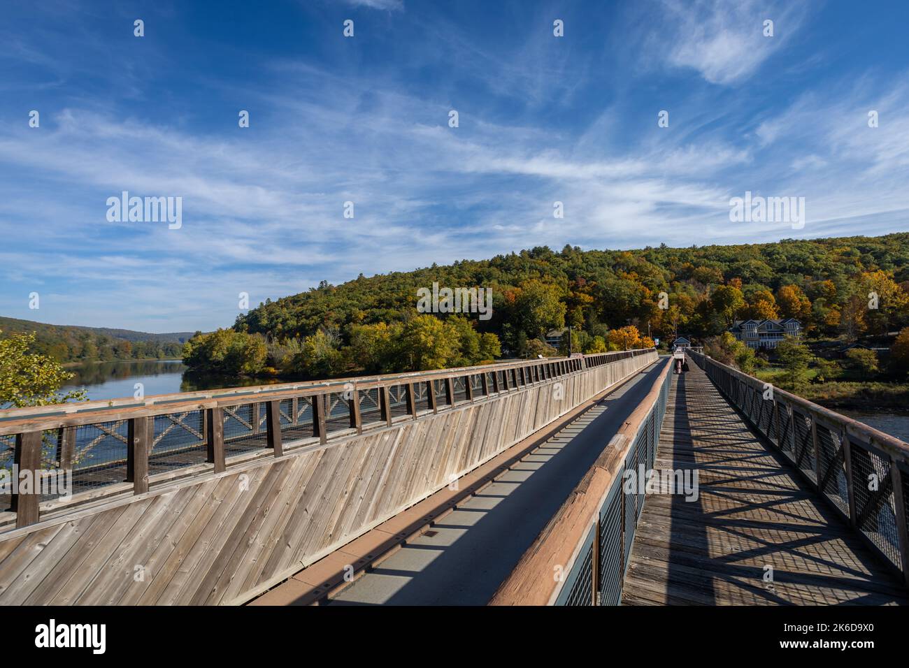 Historic Roebling Bridge also known as Roebling's Delaware Aqueduct over the Delaware River on a brilliant fall morning Stock Photo
