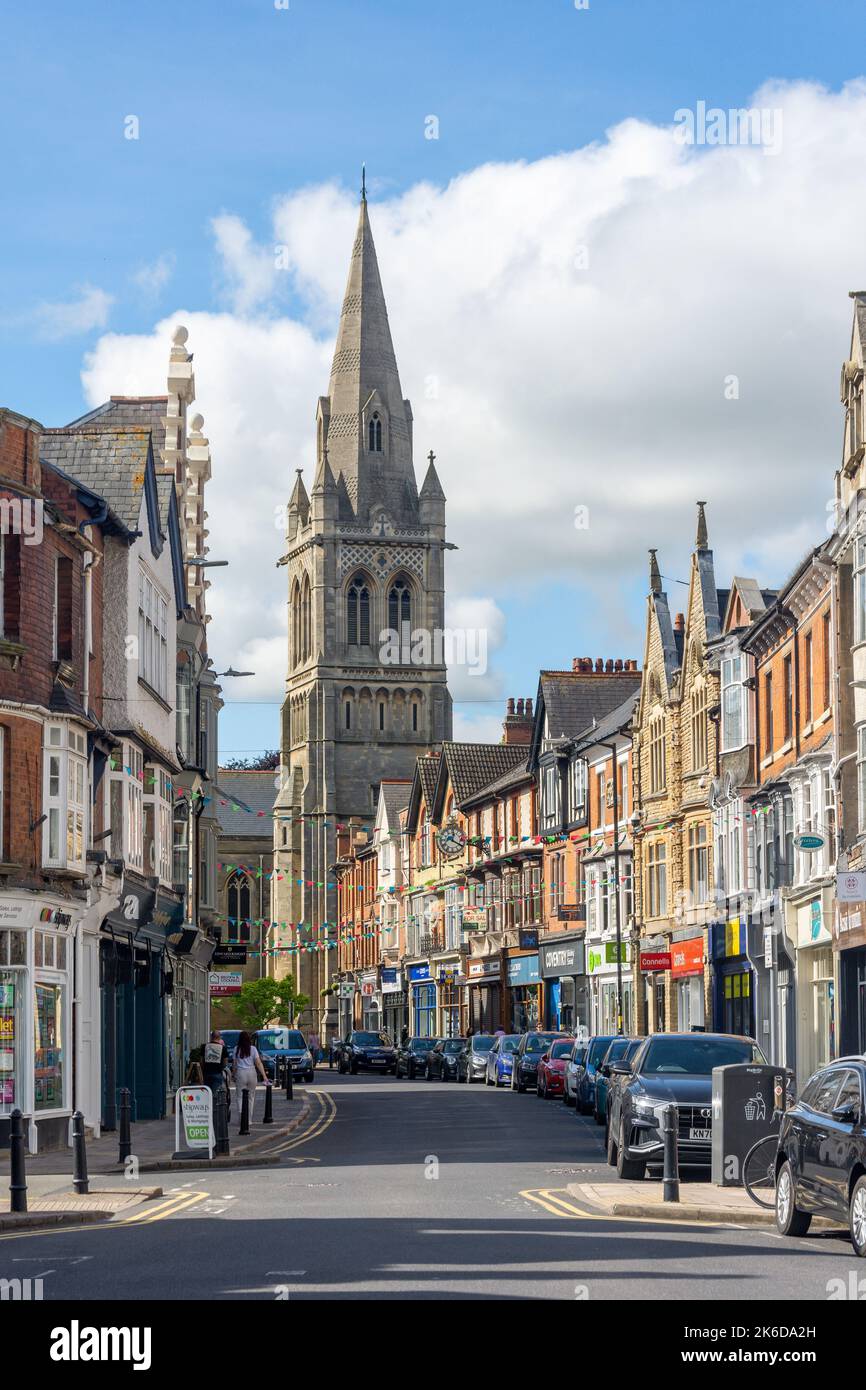 St Andrew's Church tower from Regent Street, Rugby, Warwickshire, England, United Kingdom Stock Photo
