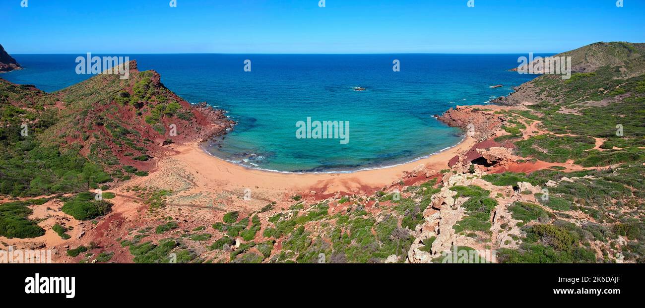 beautiful aerial view of Cala Pilar beach without people on a sunny day on the island of Menorca in Spain, one of the Balearic Islands Stock Photo