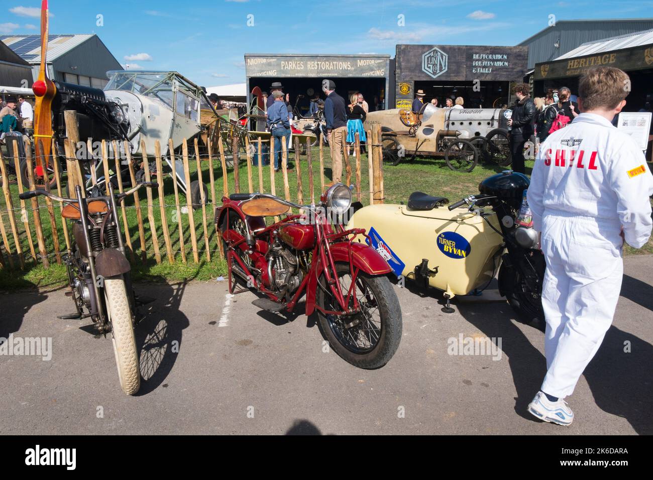An Indian and Turner Byvan American motorcycles parked at the Restoration Yard, BARC Revival Meeting, Goodwood motor racing circuit, Chichester, UK Stock Photo