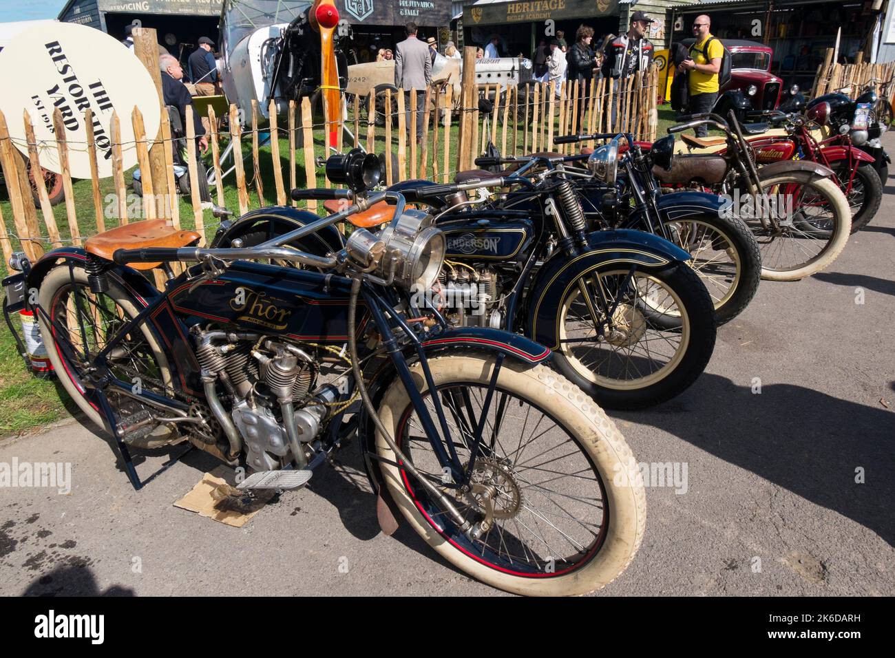 Thor, Henderson and Indian American motorcycles parked at the Restoration Yard, BARC Revival Meeting, Goodwood motor racing circuit, Chichester, UK Stock Photo