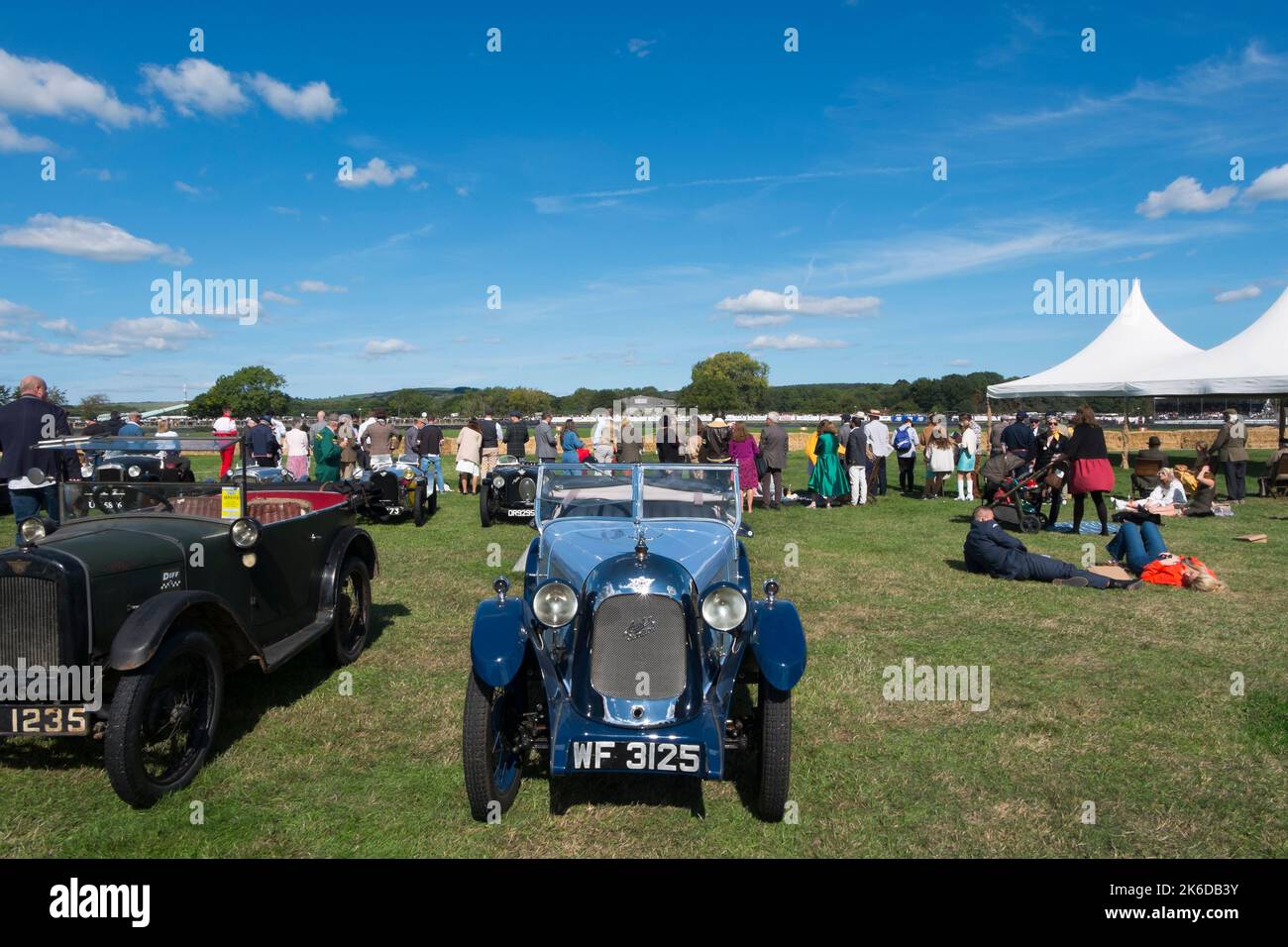 To celebrate the centenary of the car's launch in 1922, a display of Austin 7 cars around the circuit, BARC Revival Meeting, Goodwood, Chichester, UK Stock Photo