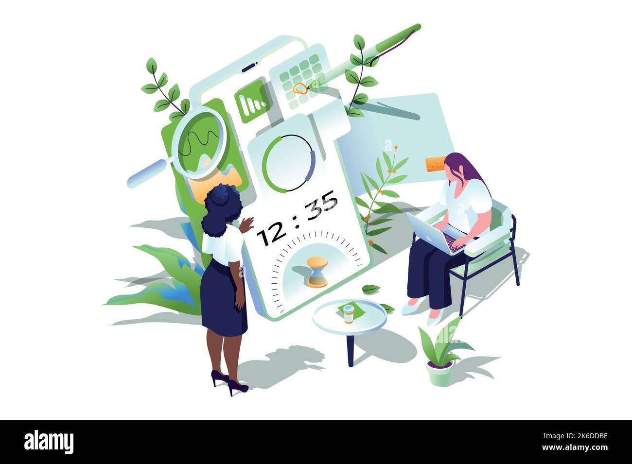 Time management web concept in 3d isometric design. People keeps track