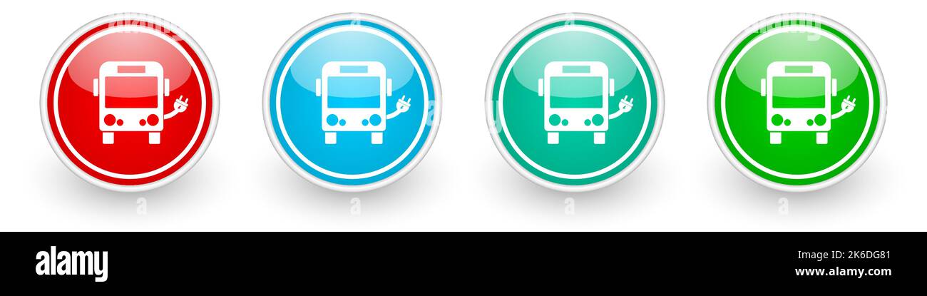 Ecology, electrical bus vector icons, colorful glossy buttons on white ...