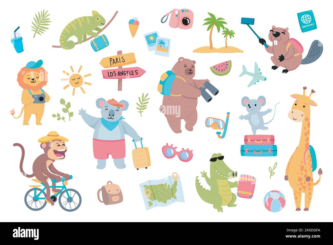 Traveling animals set with cute cartoon elements in flat design. Bundle of funny animals with backpack or luggage, photo camera, island palms Stock Vector