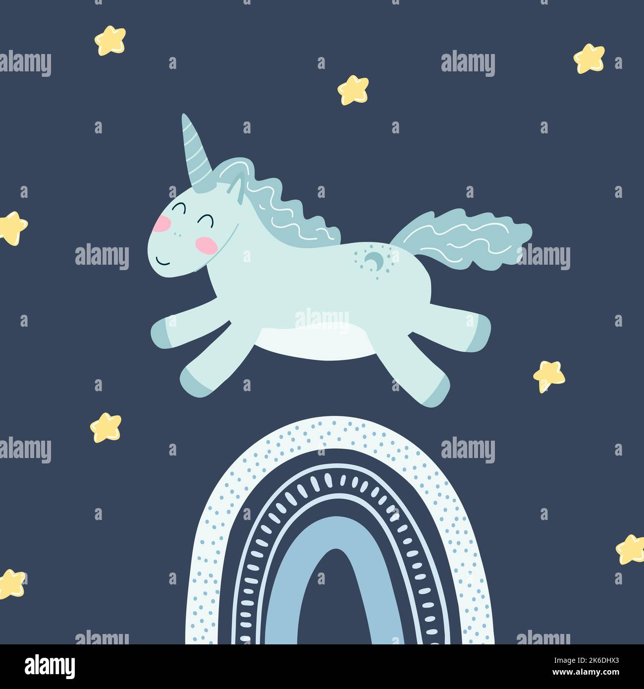 Cute unicorn, rainbow and stars in cartoon flat style. Vector ...