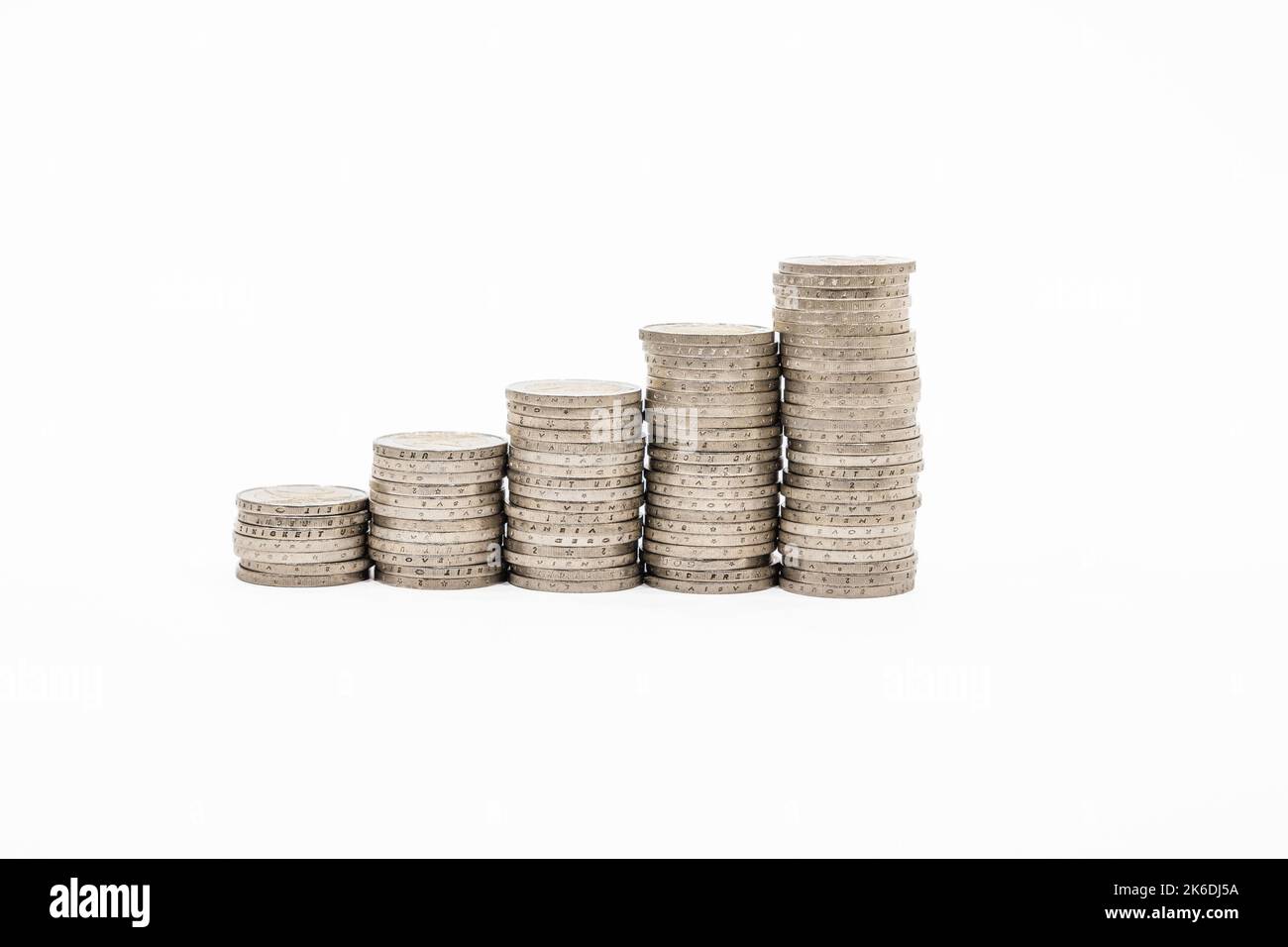 Stack of ascending Euro coins. Business, success, finance, money growth, and saving money concept Stock Photo